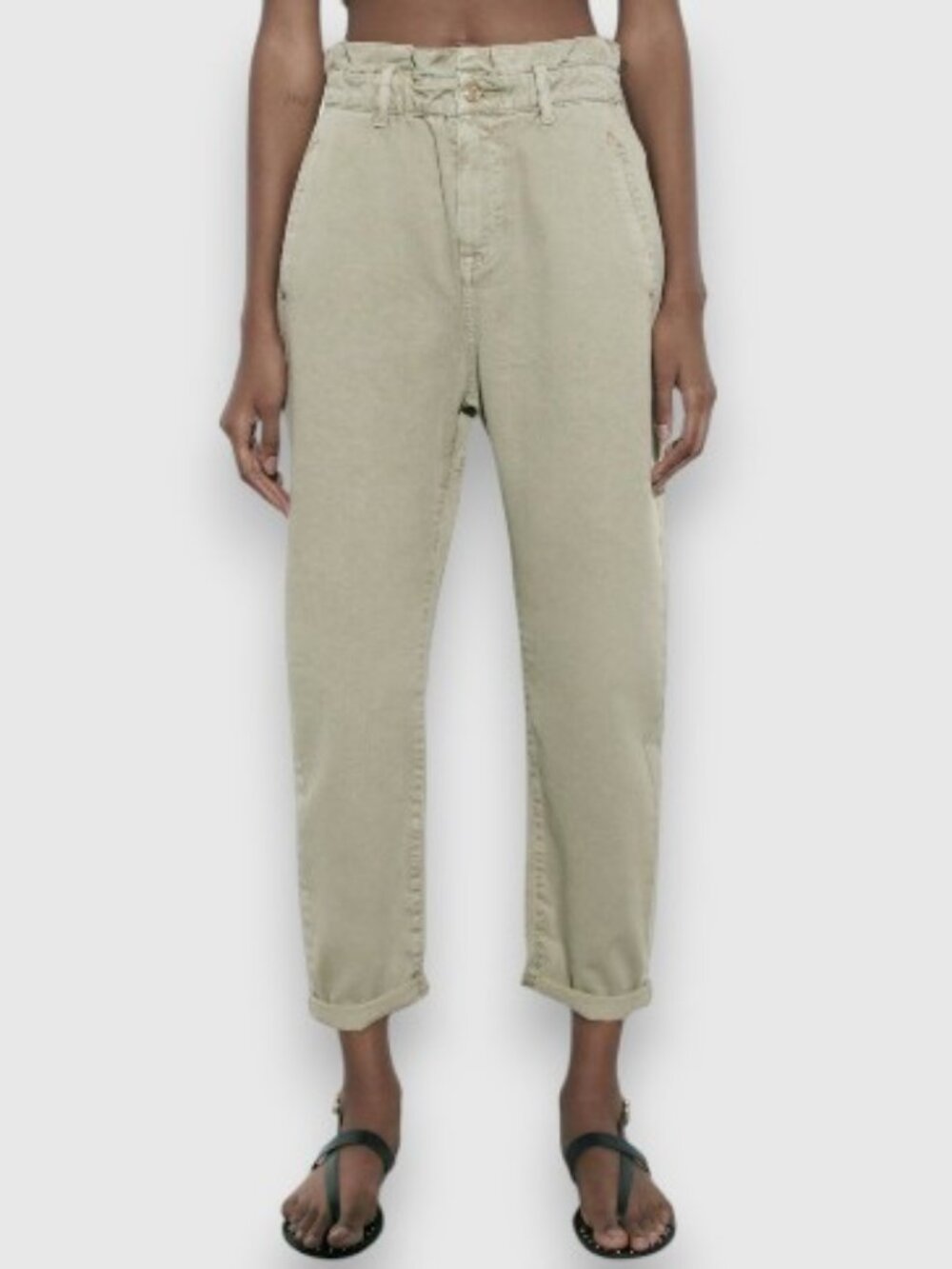 Zara baggy fit paper bag denim pants khaki green women's size 2 NWT